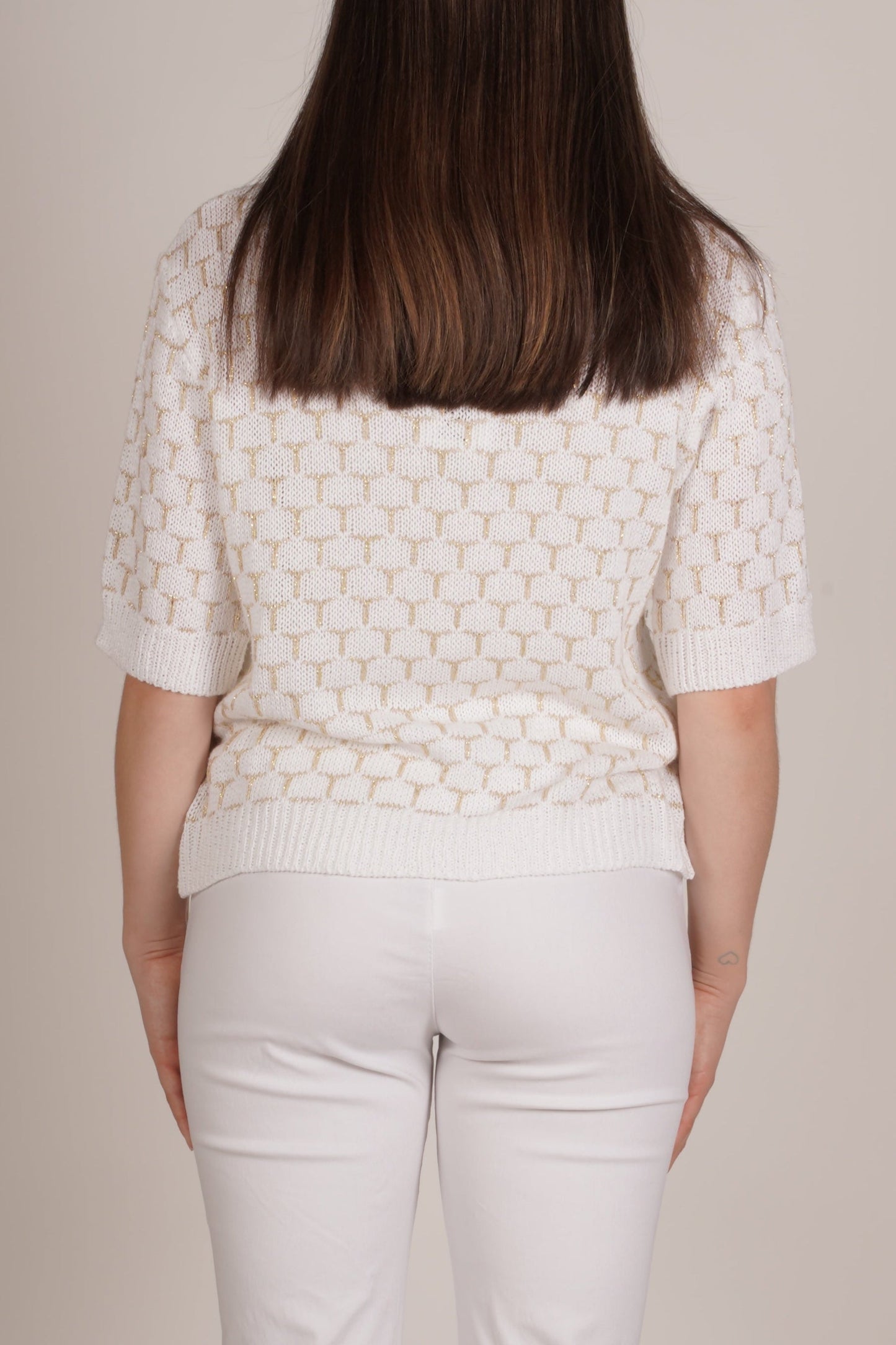 Pull blanc à manches courtes en maille avec motif géométrique hexagonal