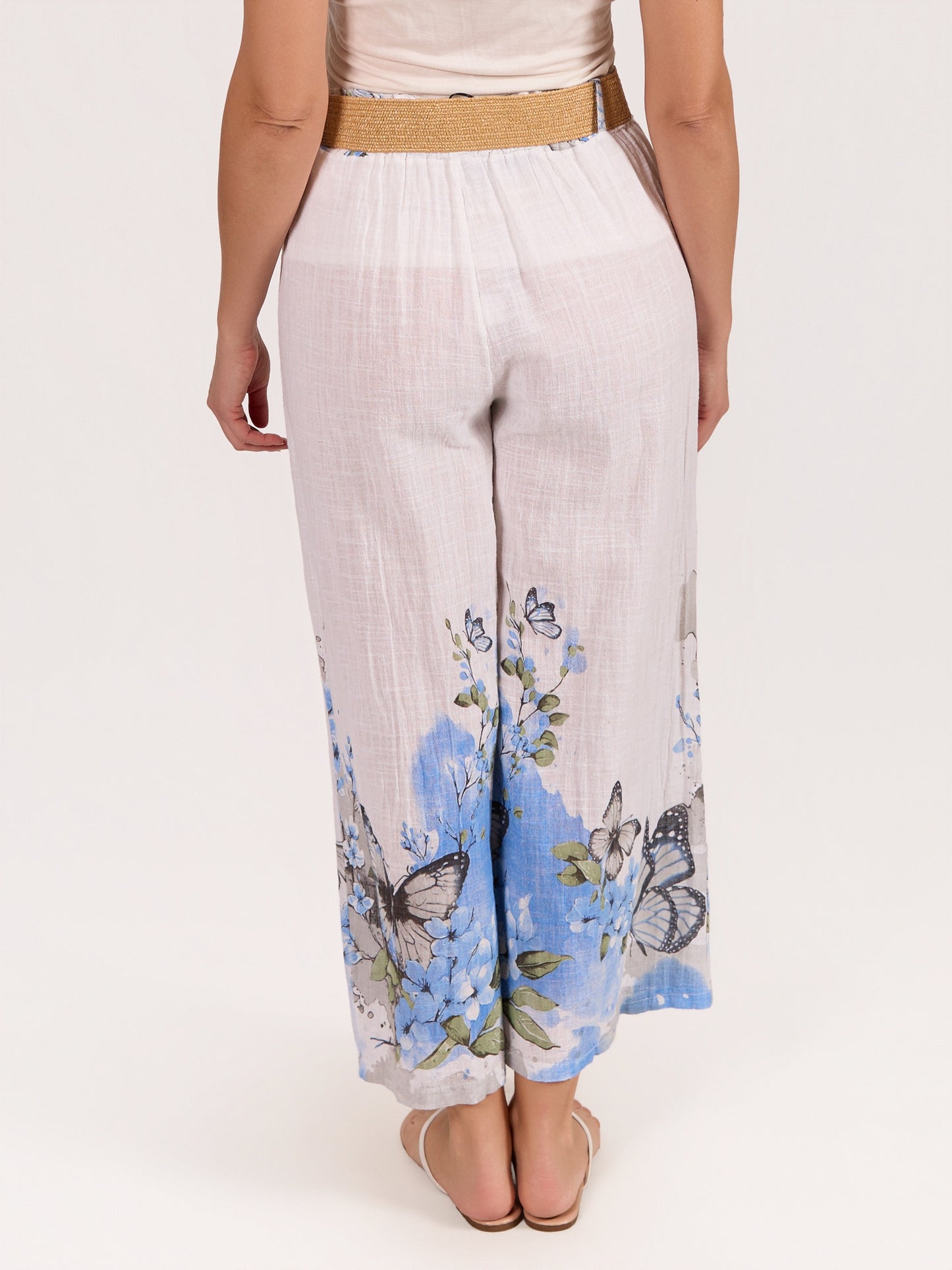 Pantalon Blanc à Taille Élastique avec Ceinture et Imprimé Papillons Bordure