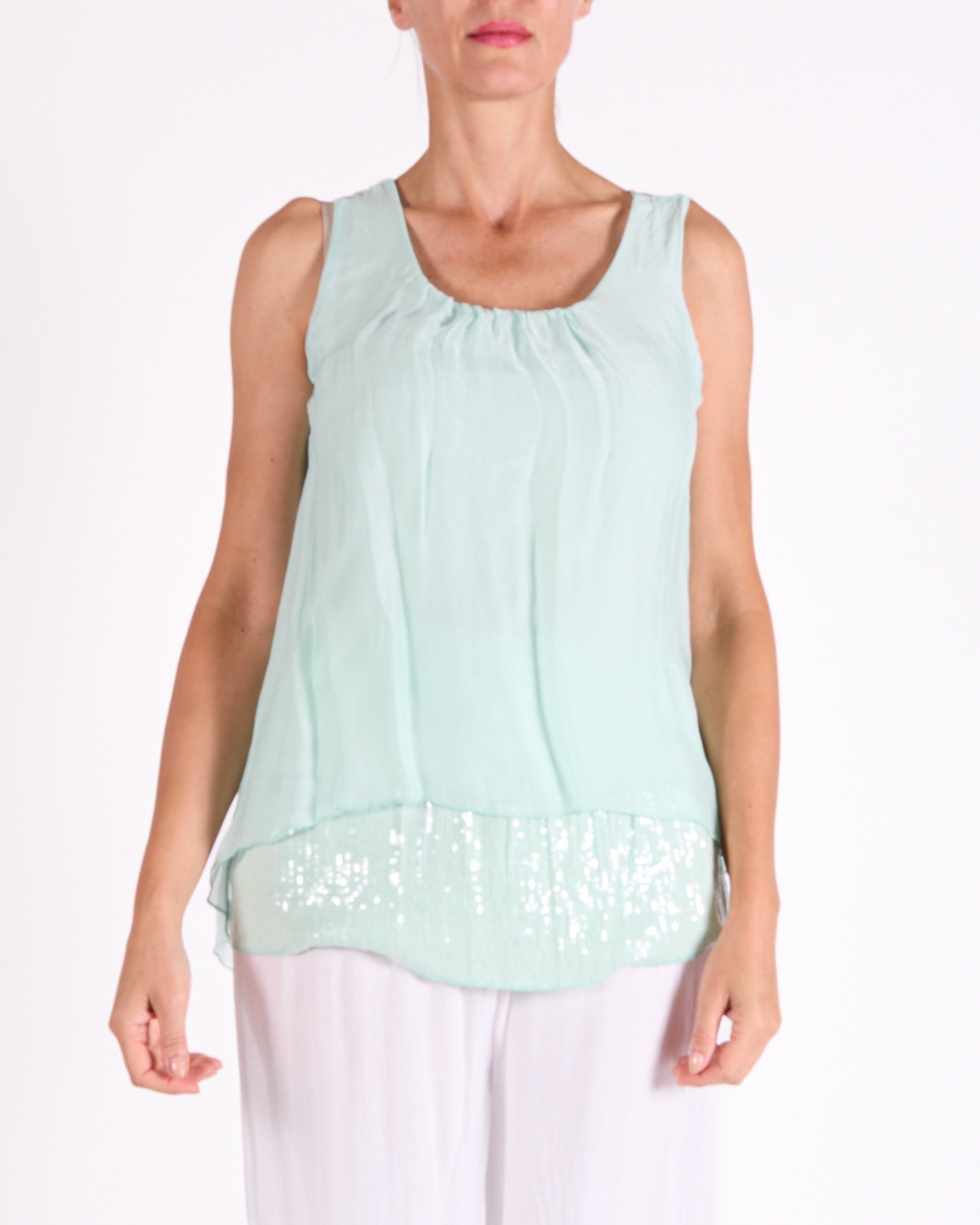 Seafoam 2 Layer Sequin Inner Slip Built up Shoulder Tank Top