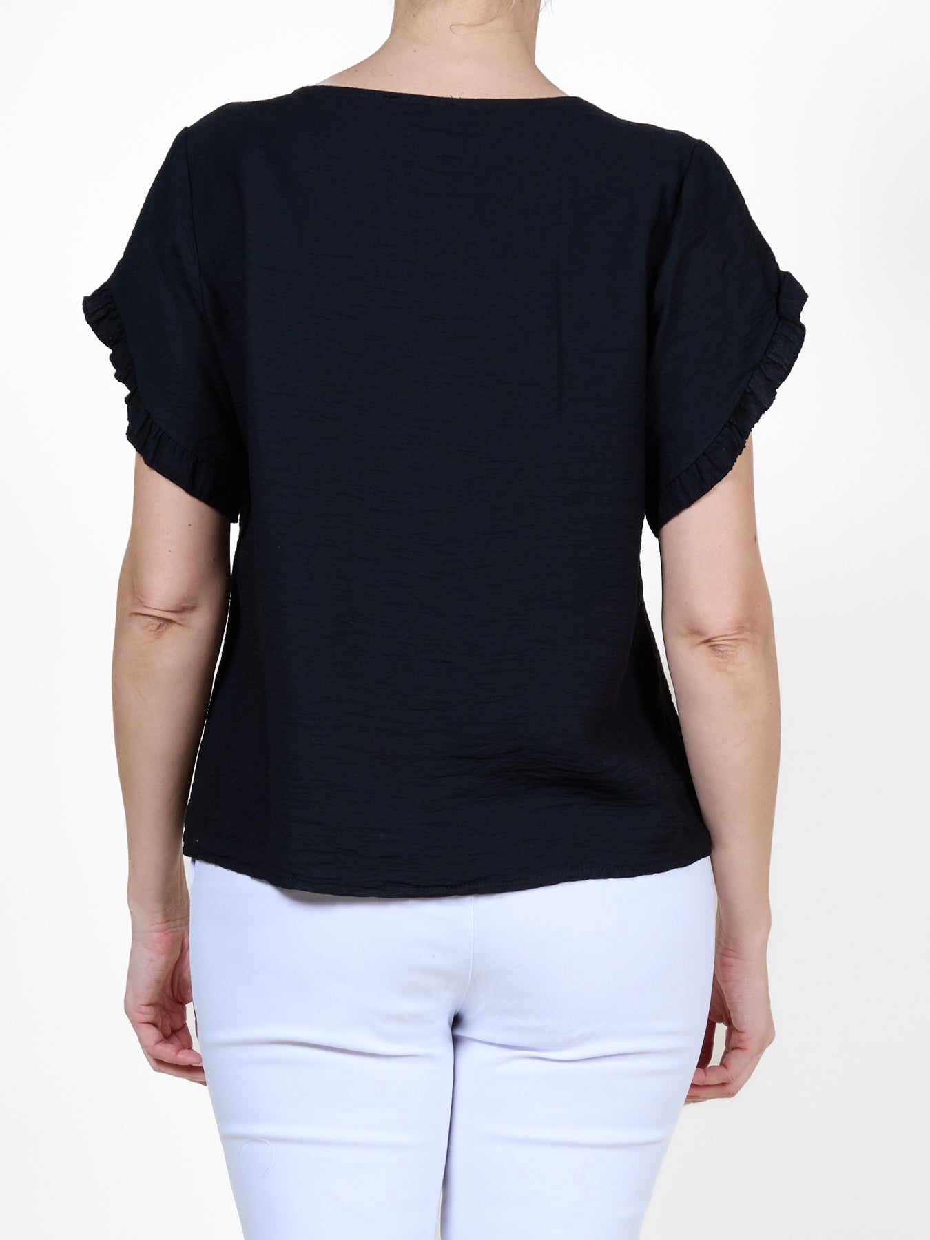 Black Short Sleeve Top with Ruffled Sleeves