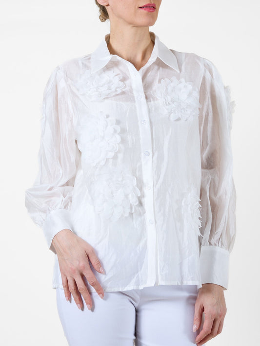 White Button-Up Blouse with Fabric Flower Detailing