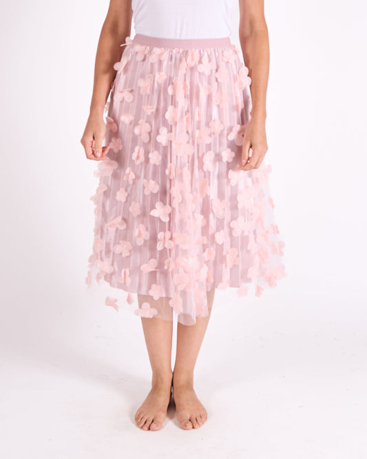 Rose Pull on Allover Floral Applique Mesh Skirt