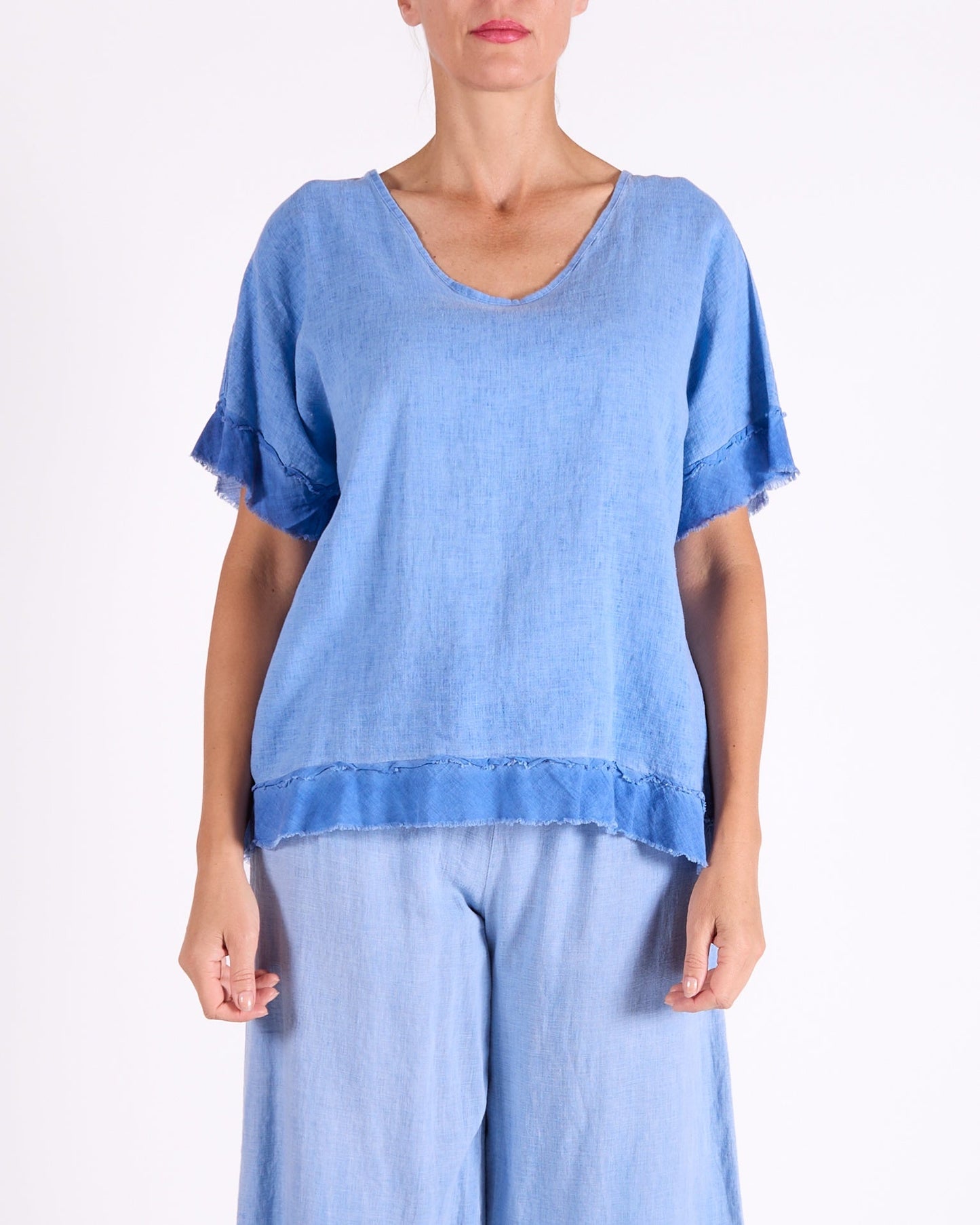 Ocean Blue Scoop Neck Raw Edge Hem Trim Top