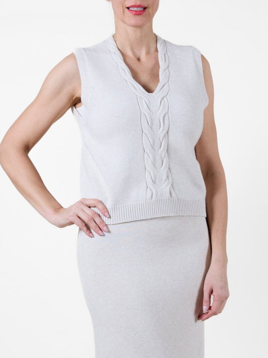 Beige V Neck Cable Knit Front Trim Sleeveless Vest