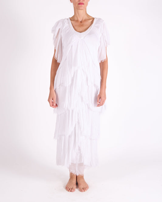 White Short Sleeve Raw Edge Multi Layer Sequin Neck Trim Maxi Dress