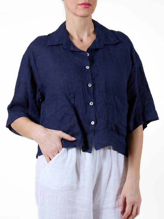 Midnight Short Sleeve Button-Up Blouse