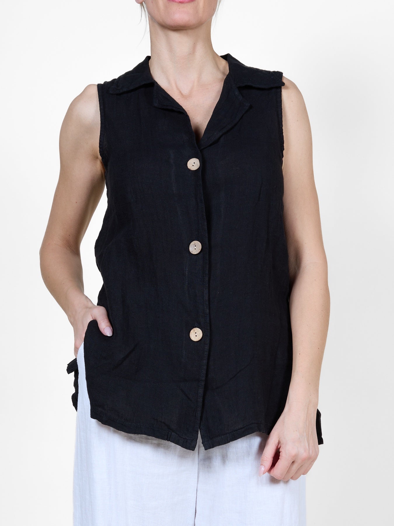 Black Button-Front Sleeveless Vest