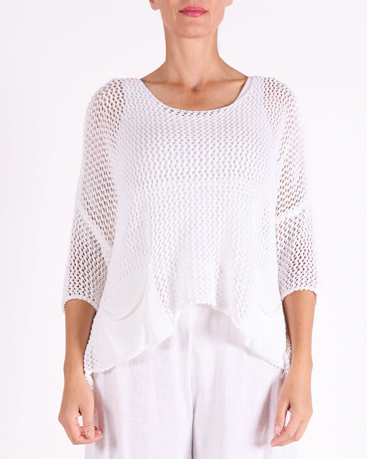 Pull maille blanc col bateau deux poches manches coudes