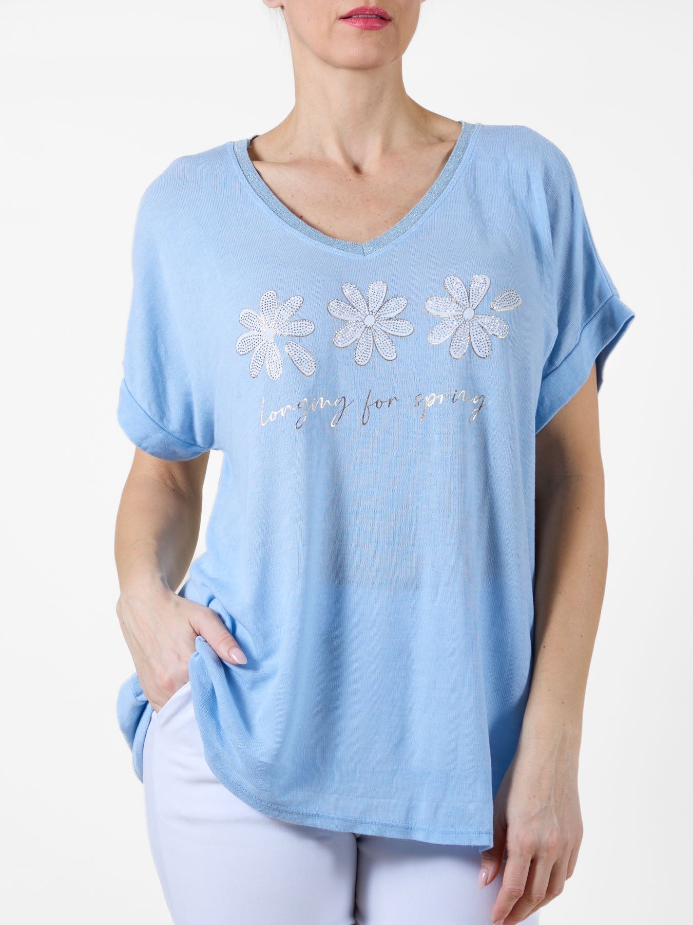 Sky Blue T-Shirt with Gem Flower Design and "Longing for Spring" Text