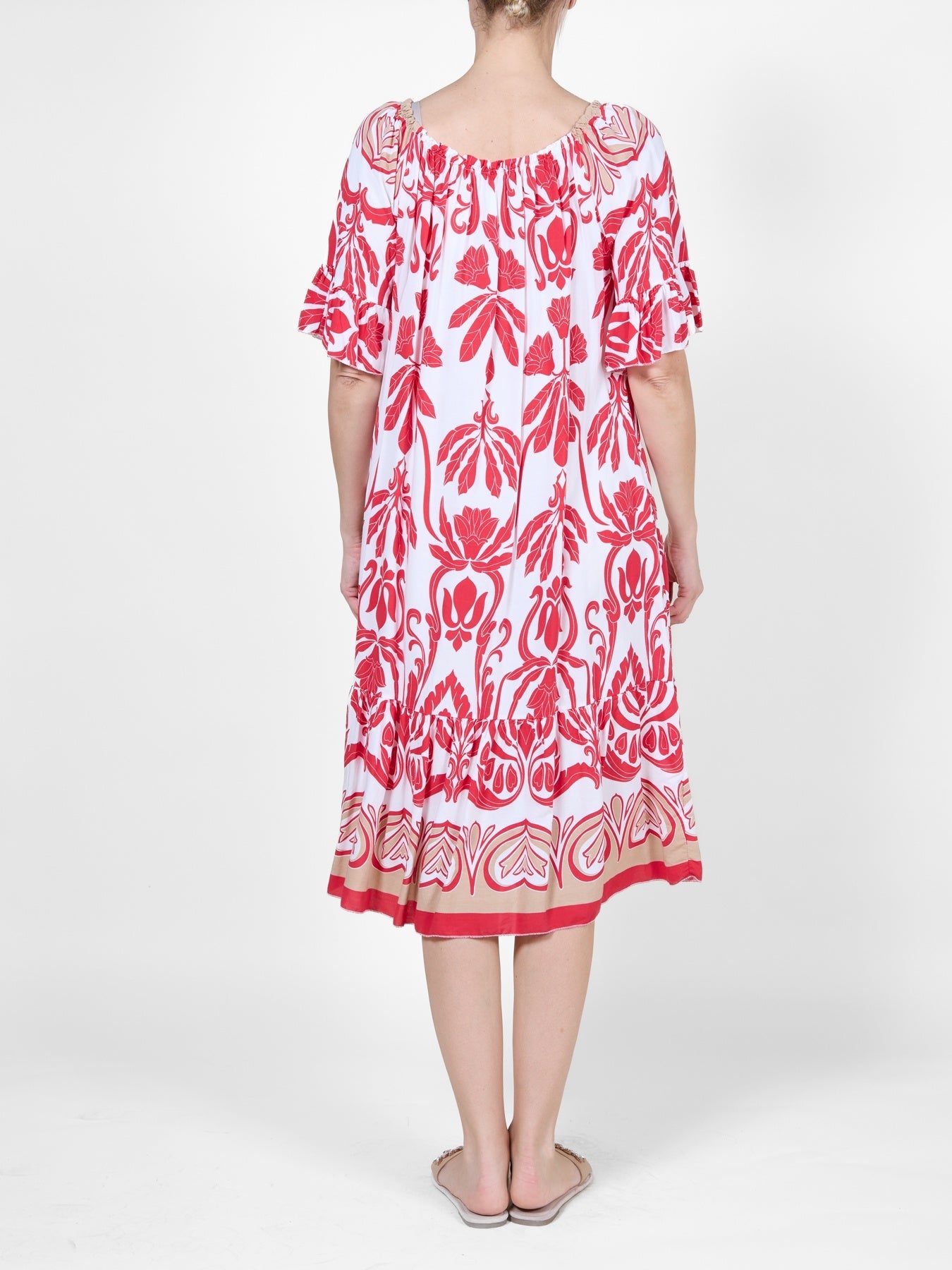 Red Mid-Length Dress with Ruffled Bottom and Sleeves, Tropical Print