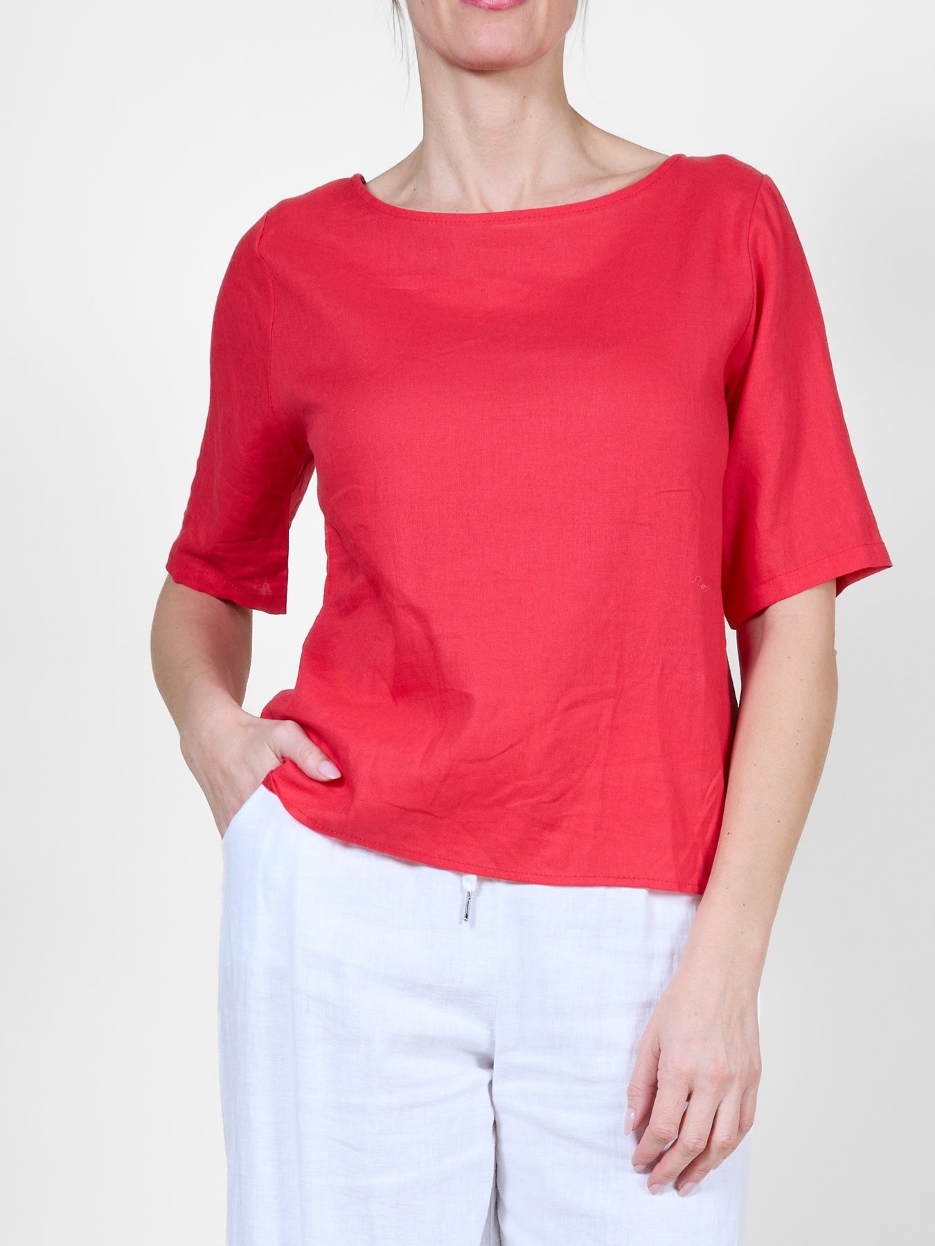Red Cuffed Short-Sleeve Button-Back T-Shirt Blouse