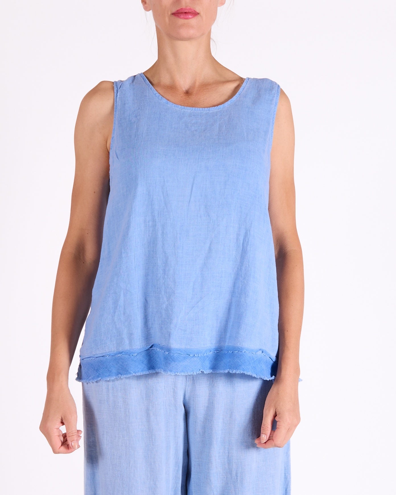 Ocean Blue Sleeveless Raw Edge Tank Top