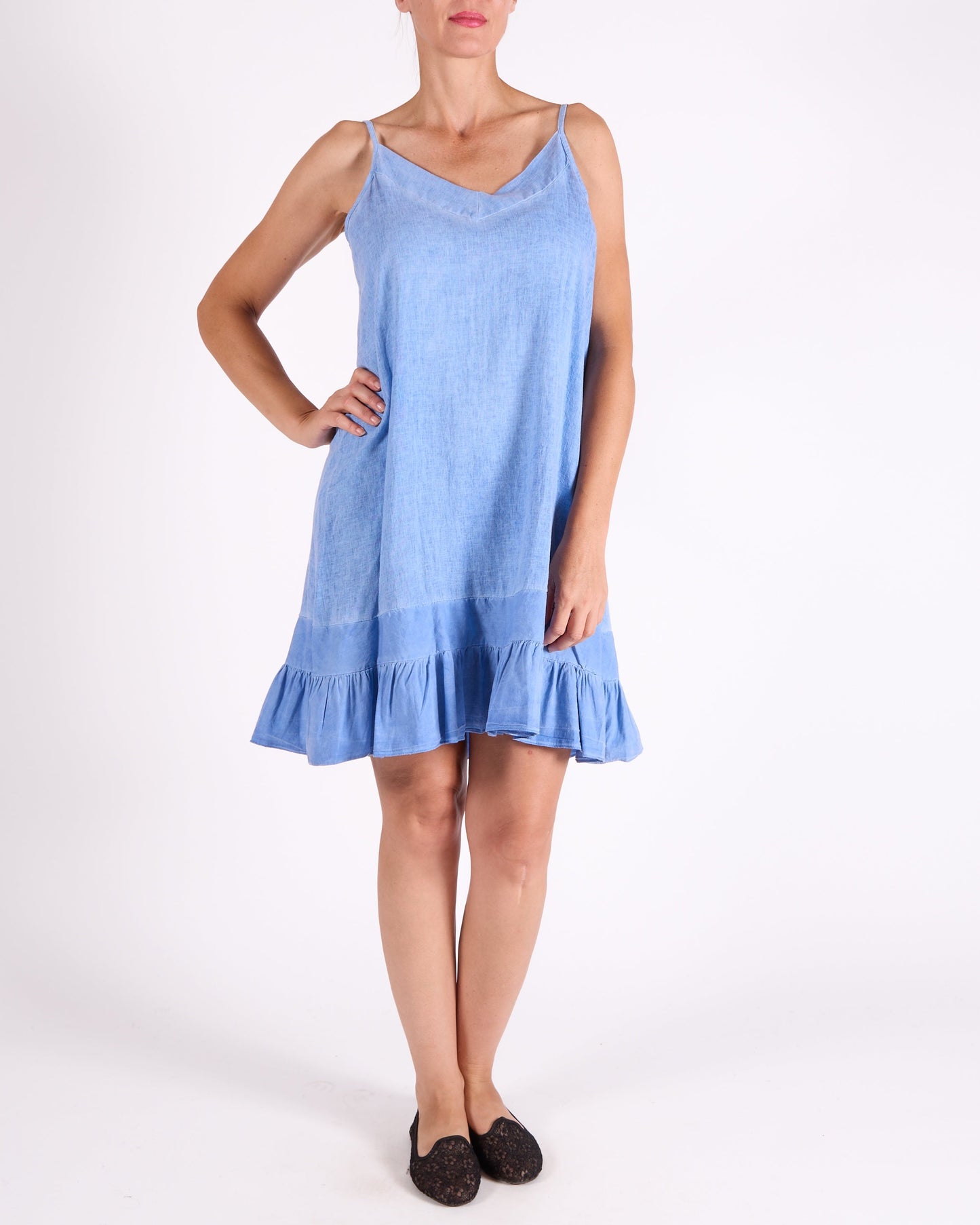 Ocean Blue Spaghetti Strap Ruffle Hem Band Neckline Dress