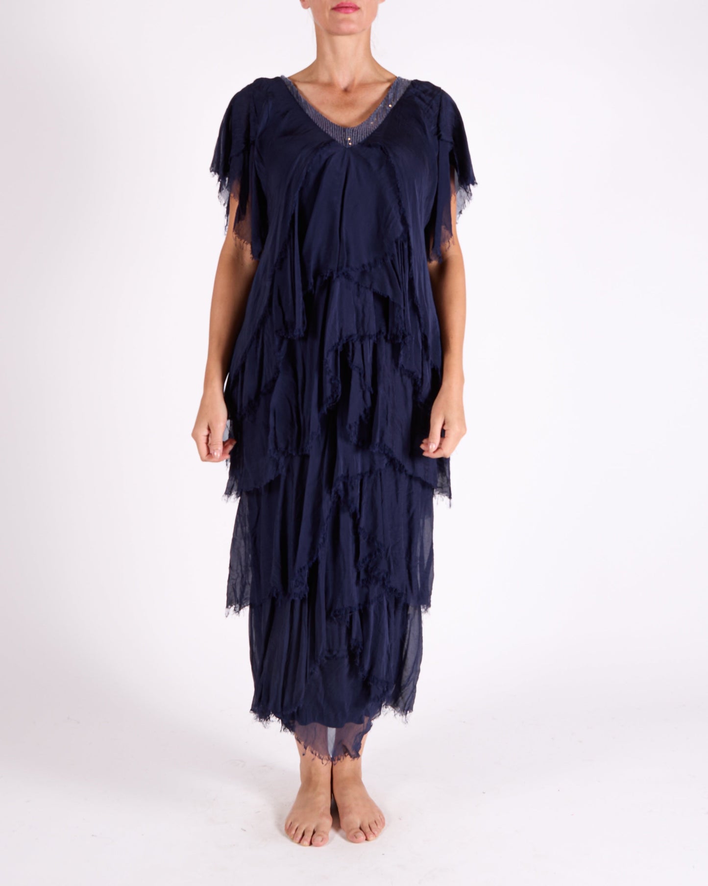 Midnight Short Sleeve Raw Edge Multi Layer Sequin Neck Trim Maxi Dress