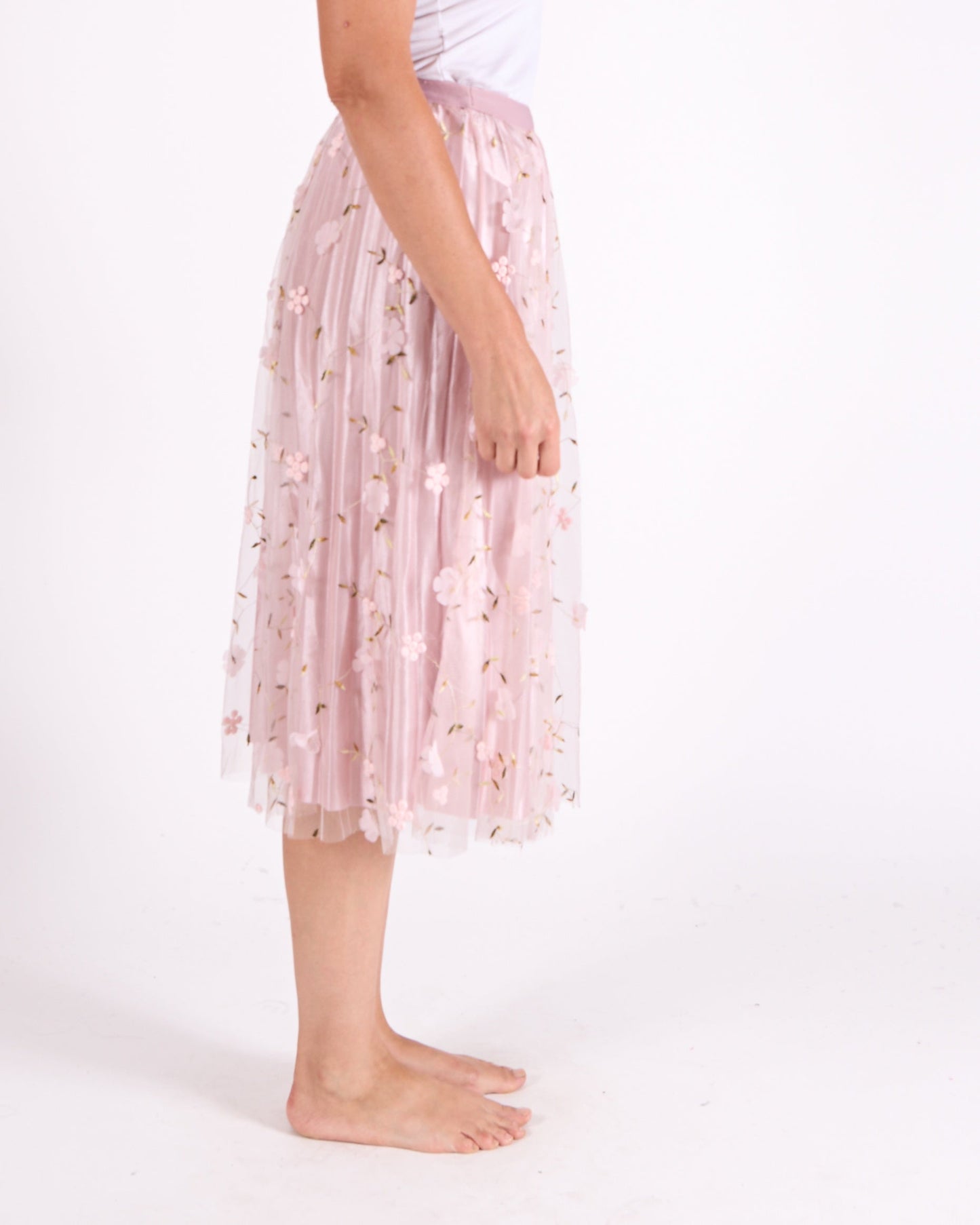 Rose Pull on Allover Floral Appliques with stitching Mesh Skirt