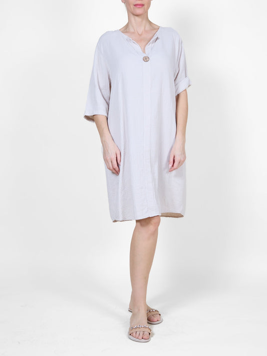 Sand Cotton Dress with 3/4 Sleeves and Wooden Button Detail