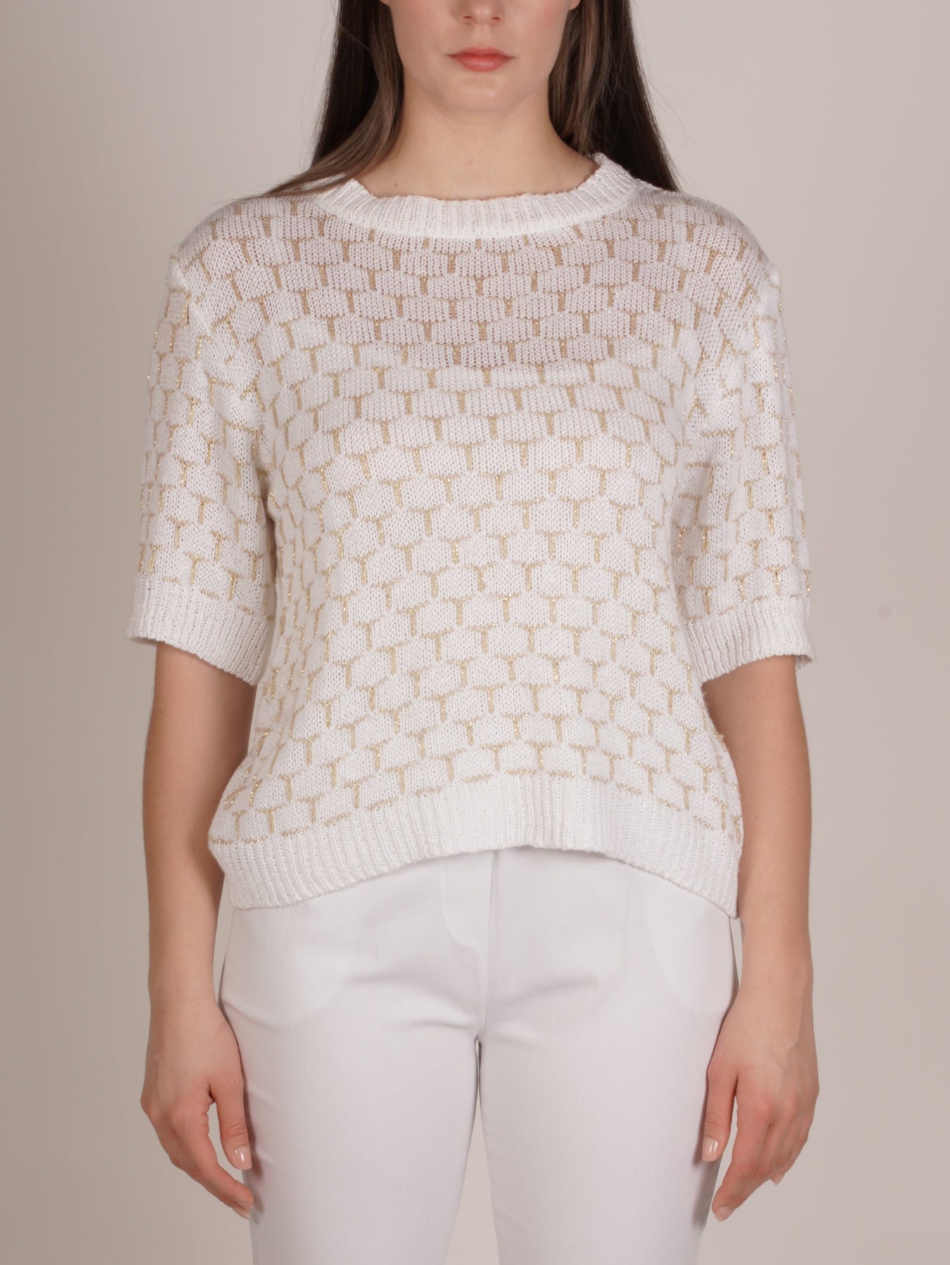 Pull blanc à manches courtes en maille avec motif géométrique hexagonal