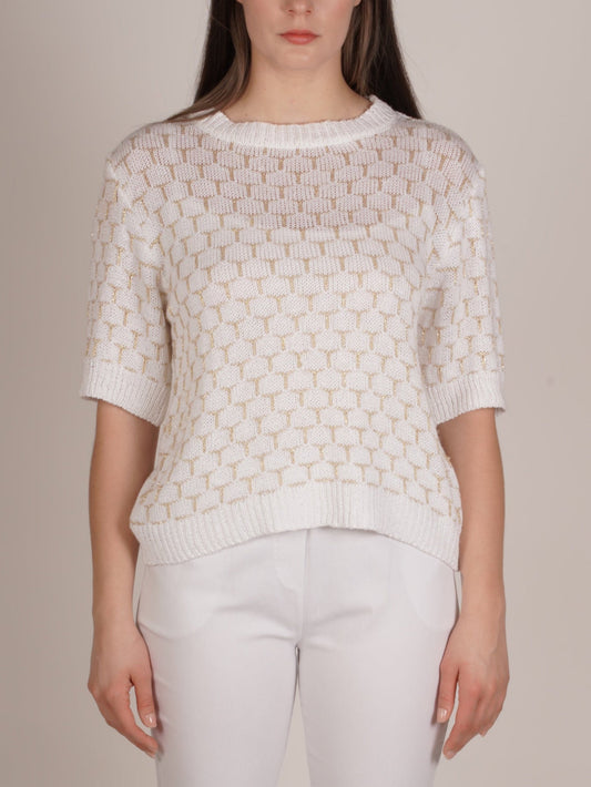 Pull blanc à manches courtes en maille avec motif géométrique hexagonal
