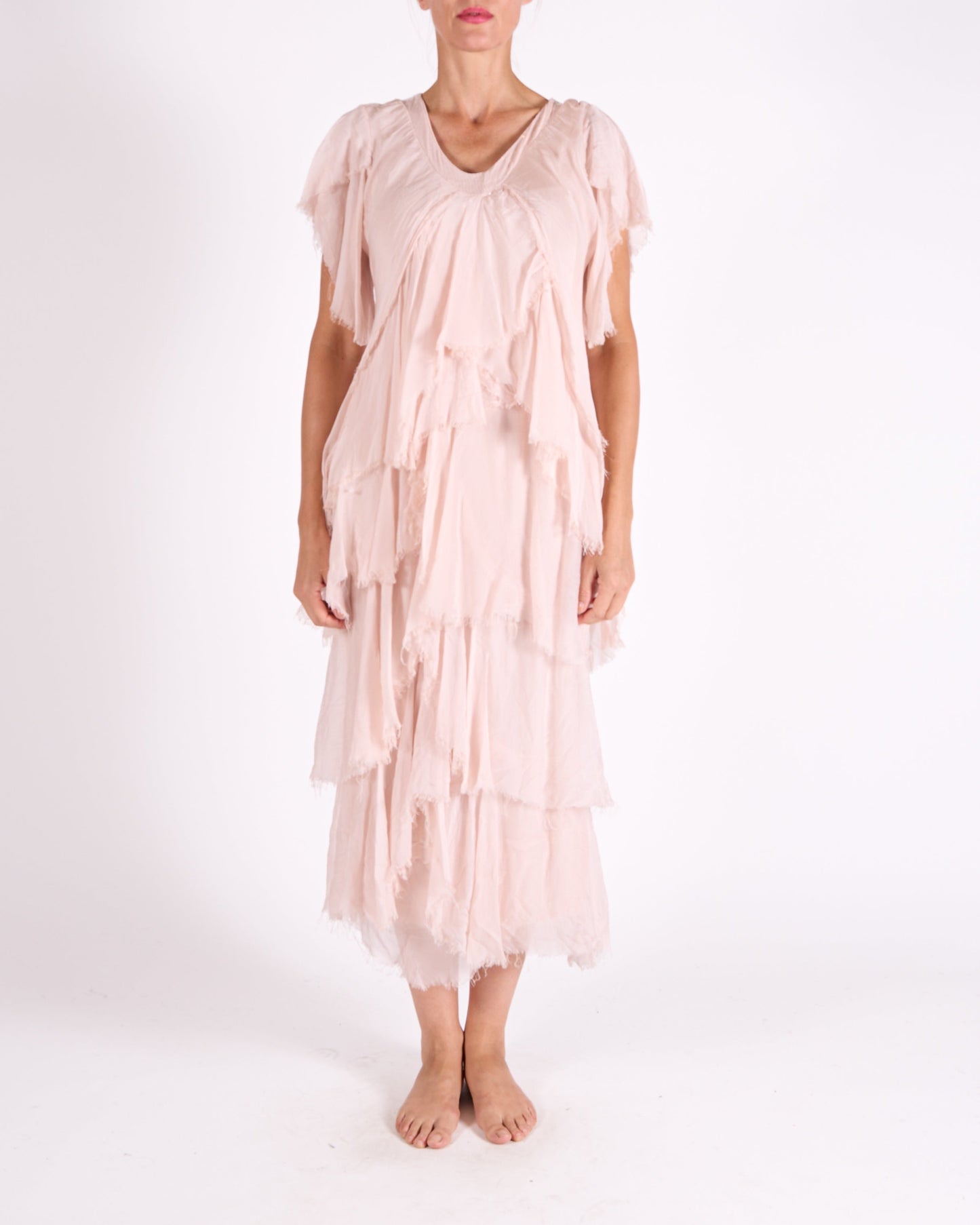 Carnation Short Sleeve Raw Edge Multi Layer Sequin Neck Trim Maxi Dress