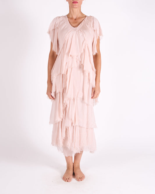 Carnation Short Sleeve Raw Edge Multi Layer Sequin Neck Trim Maxi Dress