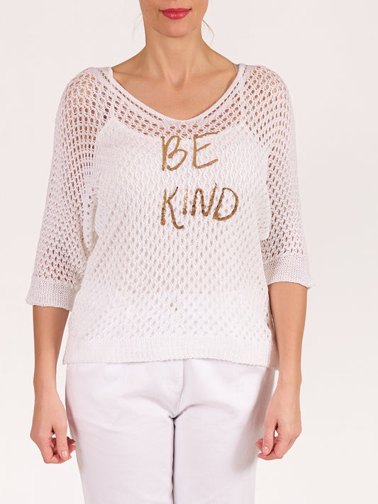 Pull en crochet blanc à col en V à manches courtes BE KIND