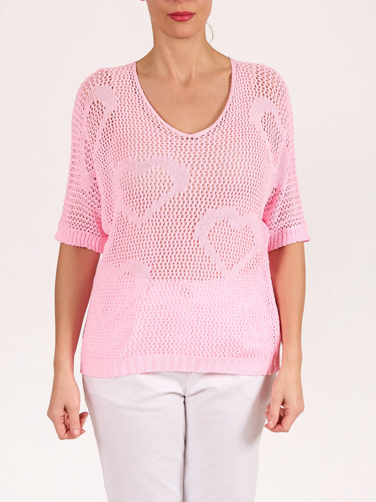 Pullover rose en crochet à col en V avec motif cœur