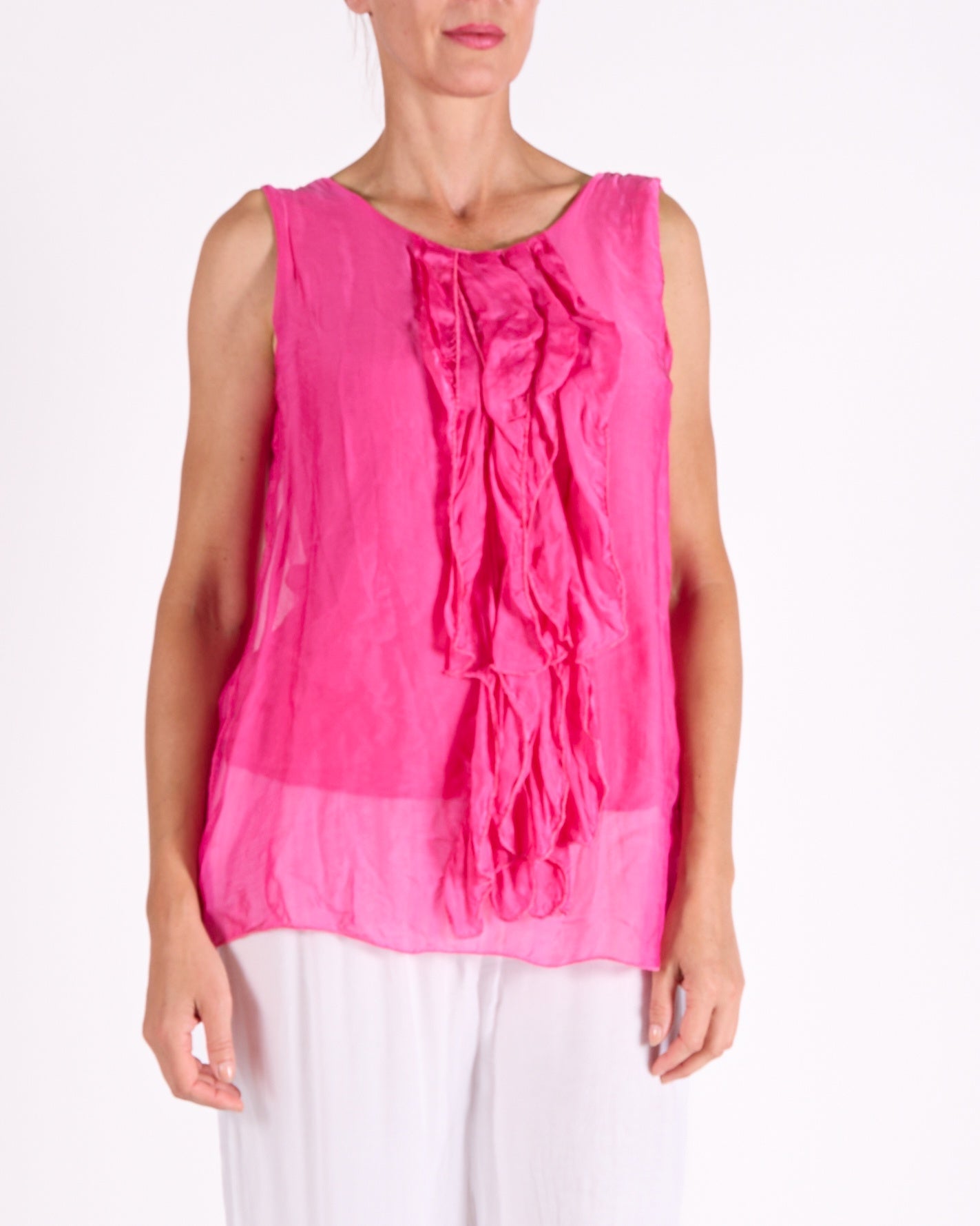 Cherry Ruffle Front Trim Sleeveless Blouse