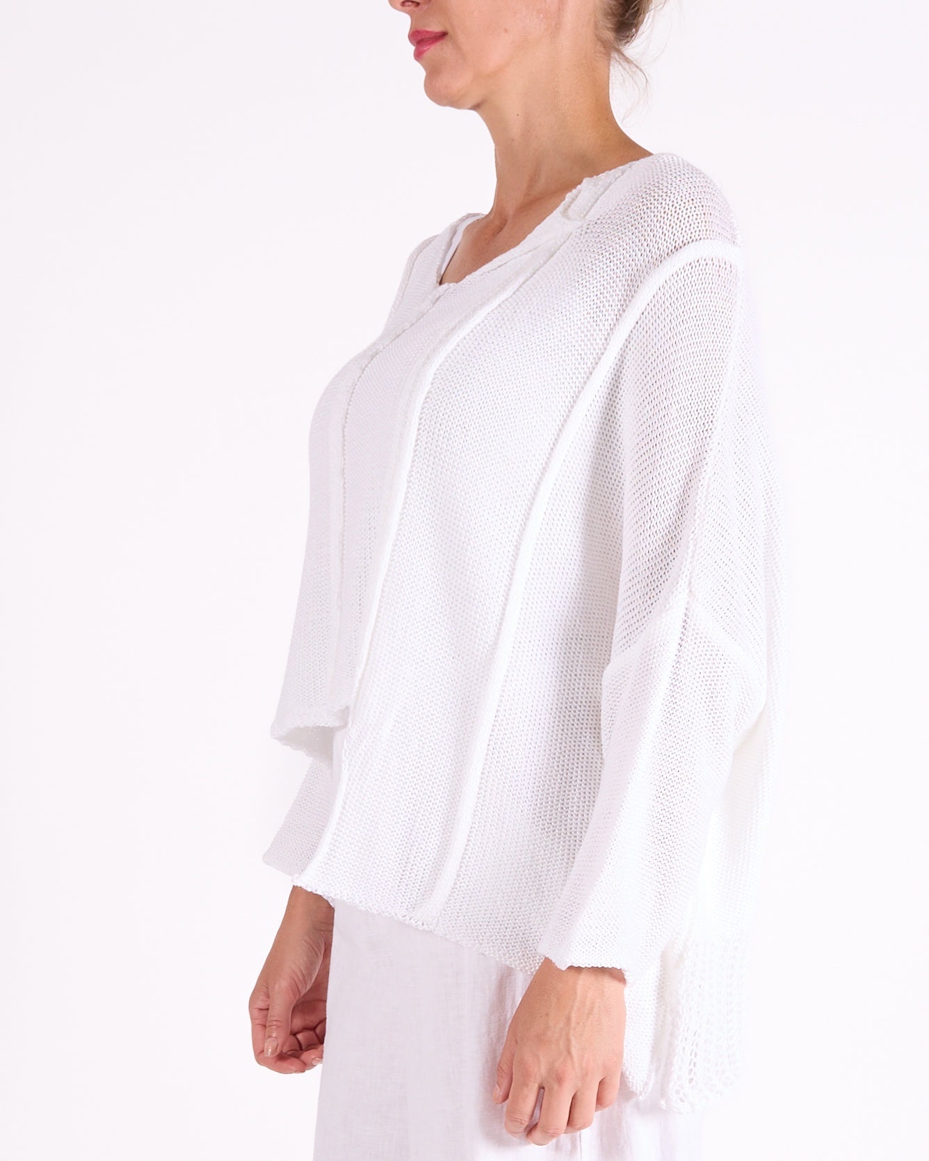 White Open Neck Hi Low Triple Combo Drop Shoulder Knit Sweater