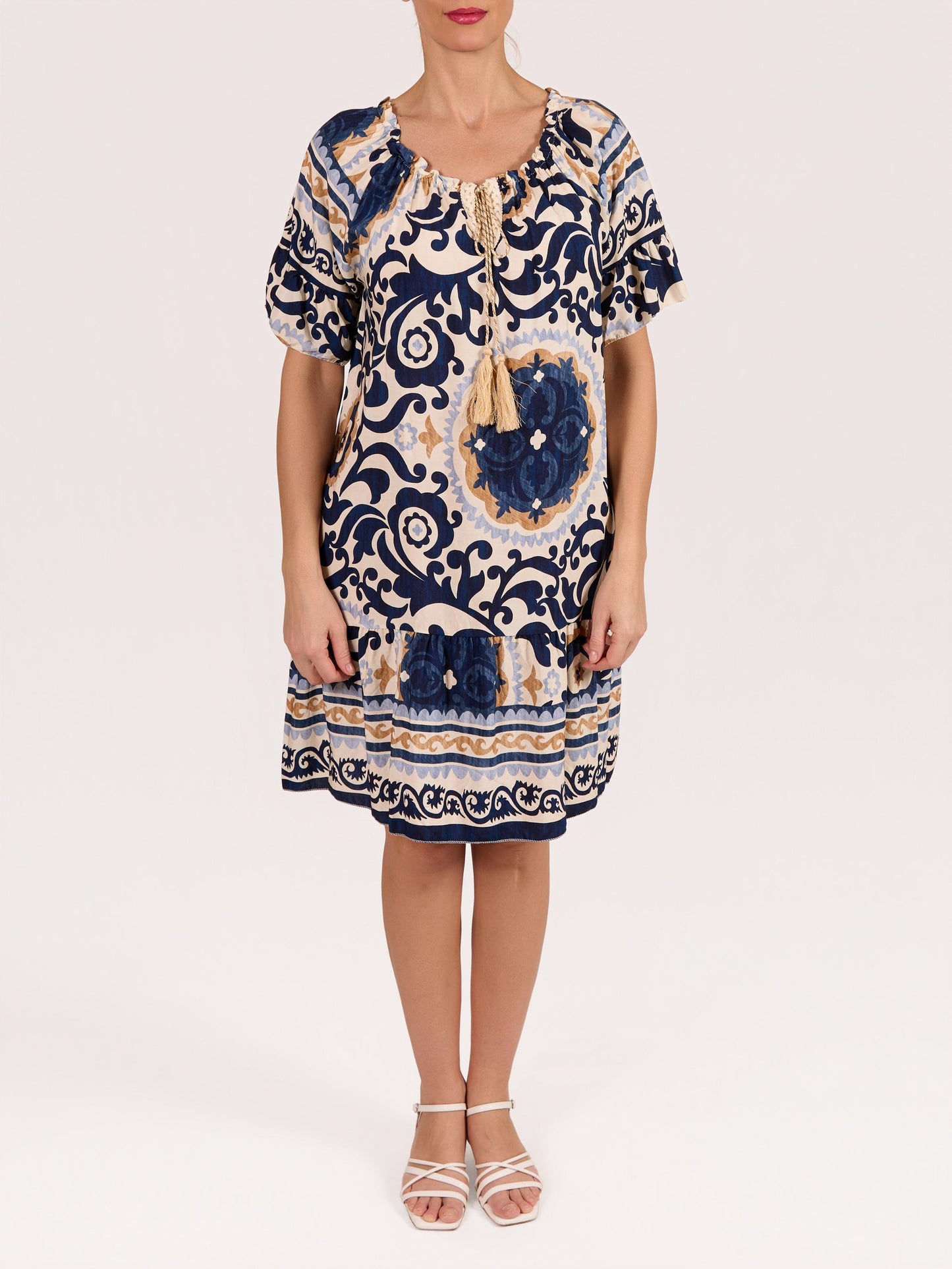 Robe paysanne minuit à encolure bateau à manches courtes avec lurex, pampilles et imprimé cachemire floral
