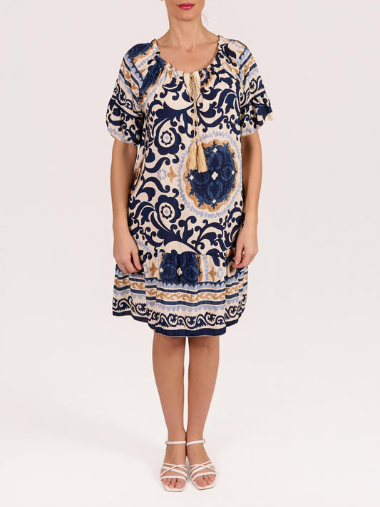 Robe paysanne minuit à encolure bateau à manches courtes avec lurex, pampilles et imprimé cachemire floral