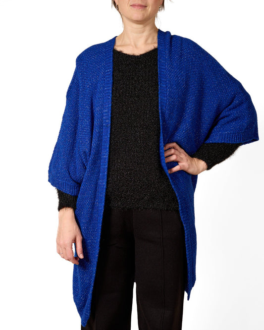 Gilet à manches coudières en fil lurex saphir avec étoile au dos et aiguille à coudre