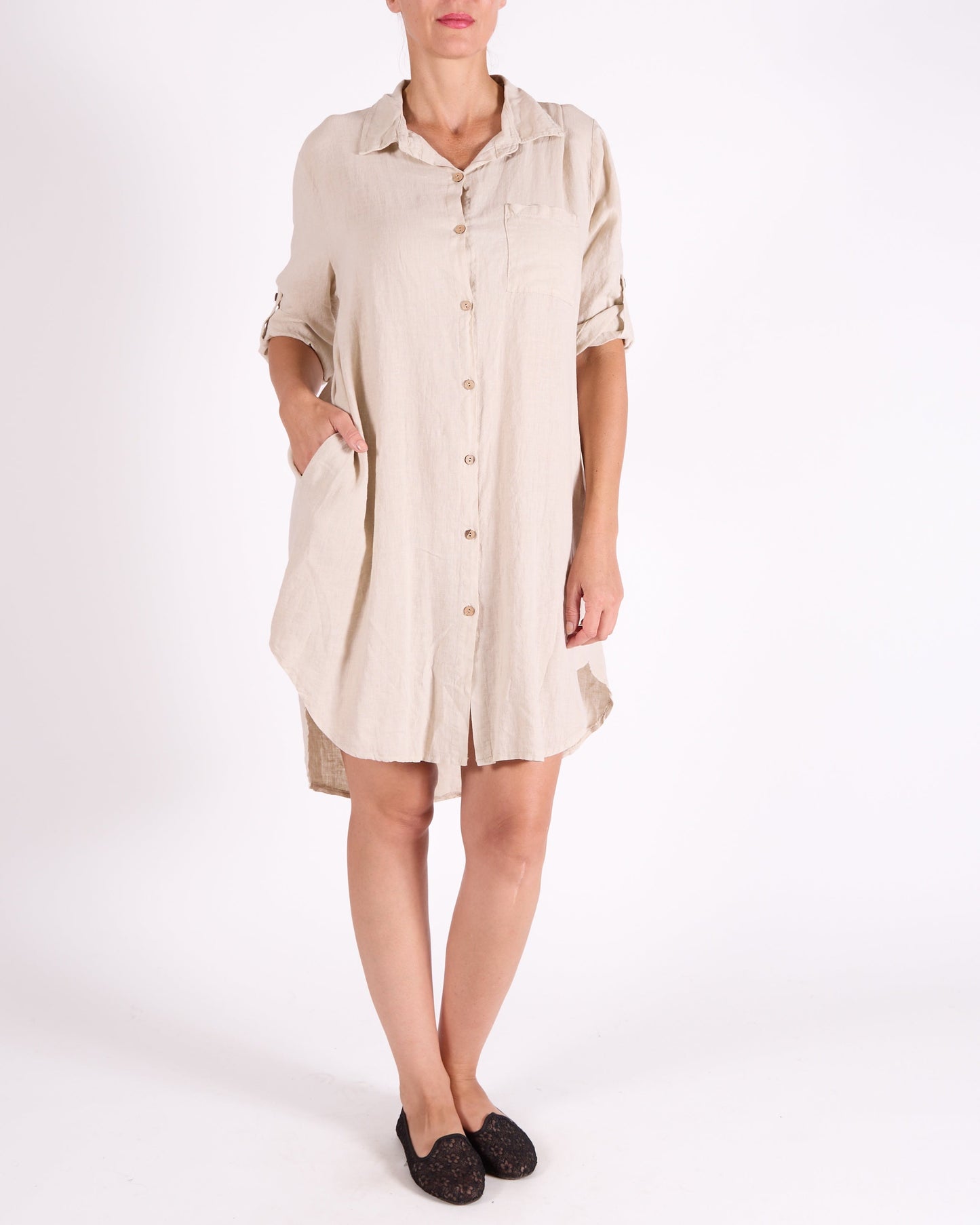 Sand Button Front Roll up Sleeve 1 Pocket Shirt Dress