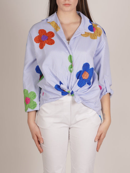 Ocean Blue Long Sleeve Button-Up Top with Daisy Print