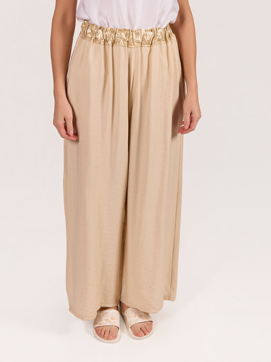 Pantalon beige à enfiler à jambe large avec taille effet foil