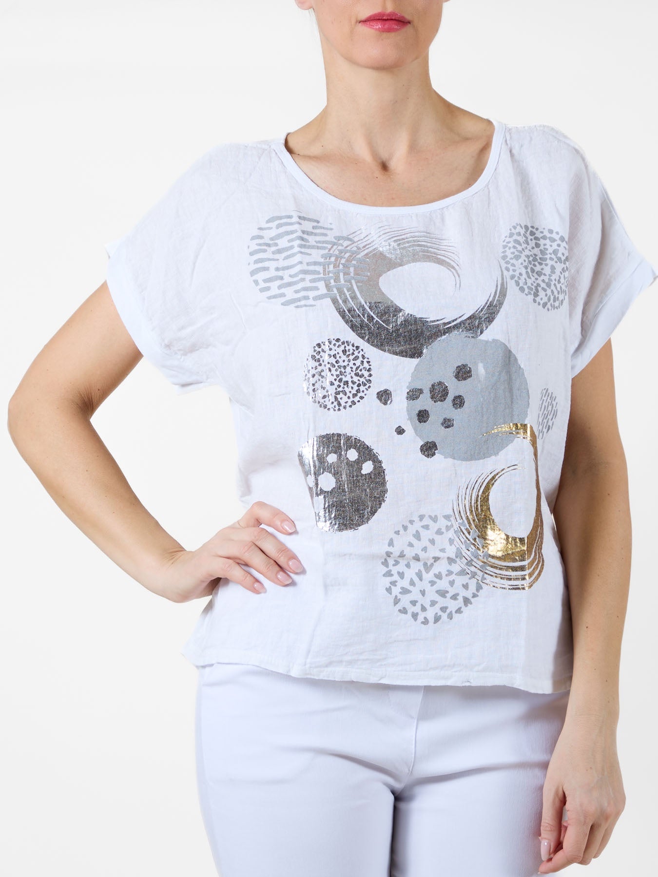 White T-Shirt with Abstract White, Silver & Gold Circle Design