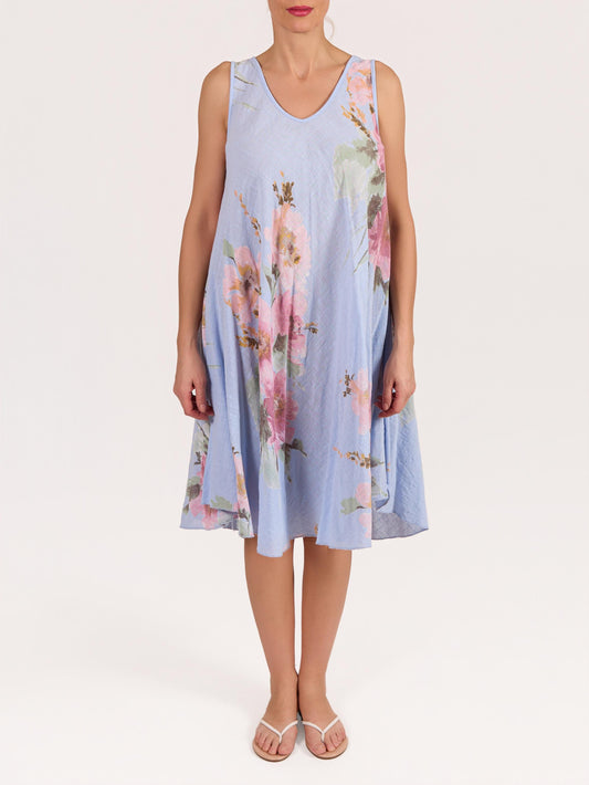 Robe Bleue Sans Manches Évasée Ligne A à Imprimé Floral
