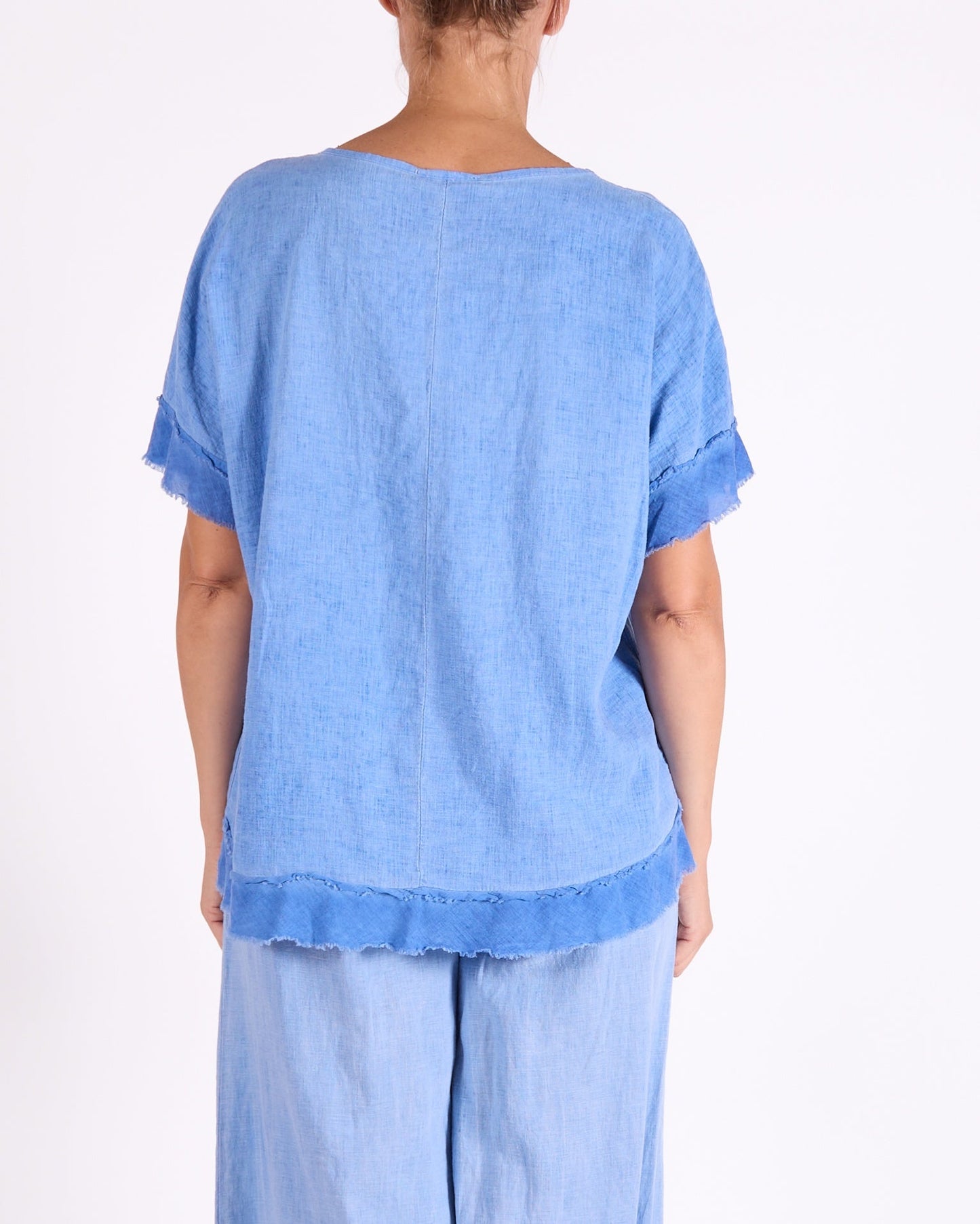 Ocean Blue Scoop Neck Raw Edge Hem Trim Top