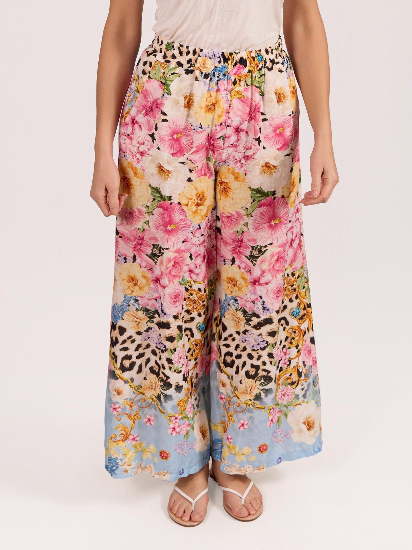 Pantalon Rose à Taille Élastique avec Imprimé Tigre Floral