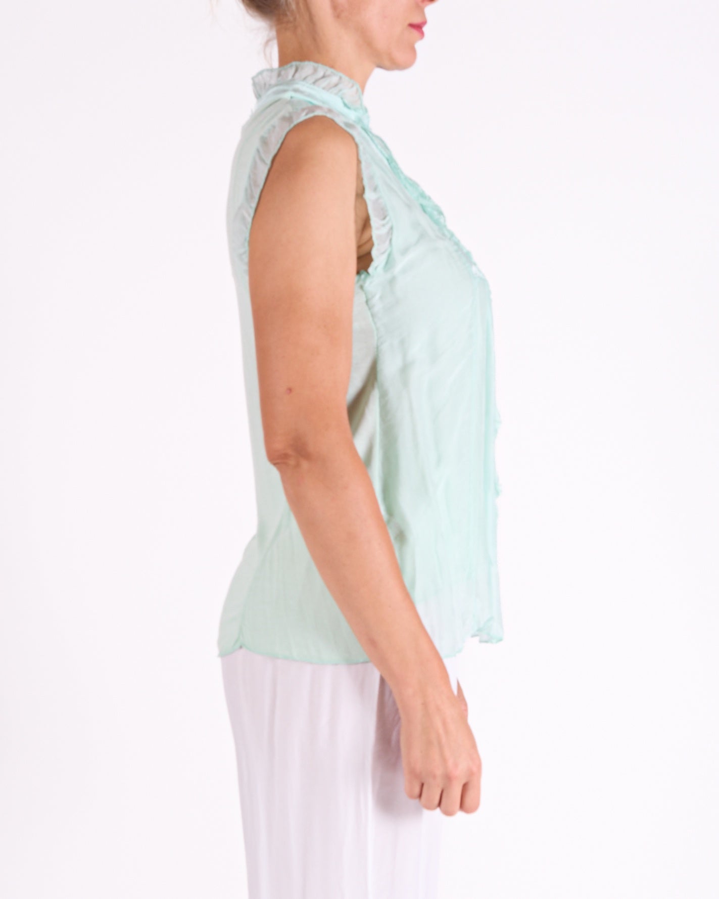 Seafoam Button Front Ruffle Arm and Front Trim V Neck Blouse