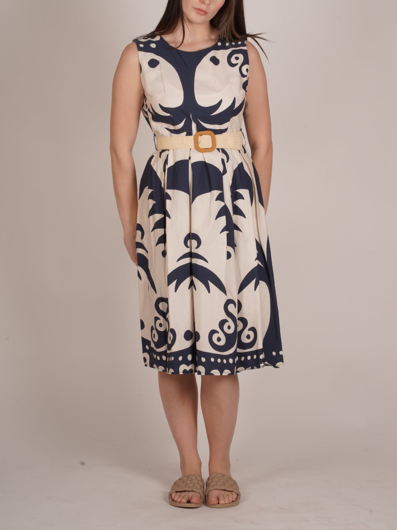 Robe sans manches à imprimé tropical minuit avec ceinture