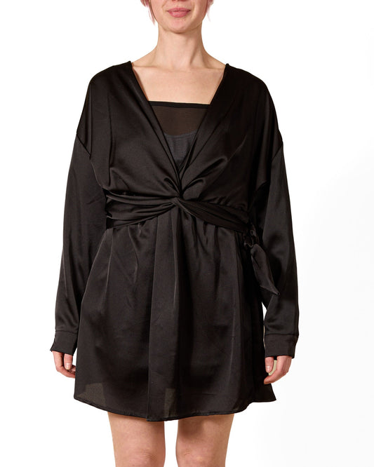 Robe ébène à manches longues et col en V avec détail saché à la taille