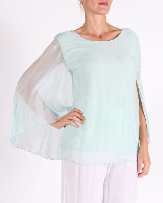 Seafoam Boat Neck Novelty Open Sleeve Front Blouse